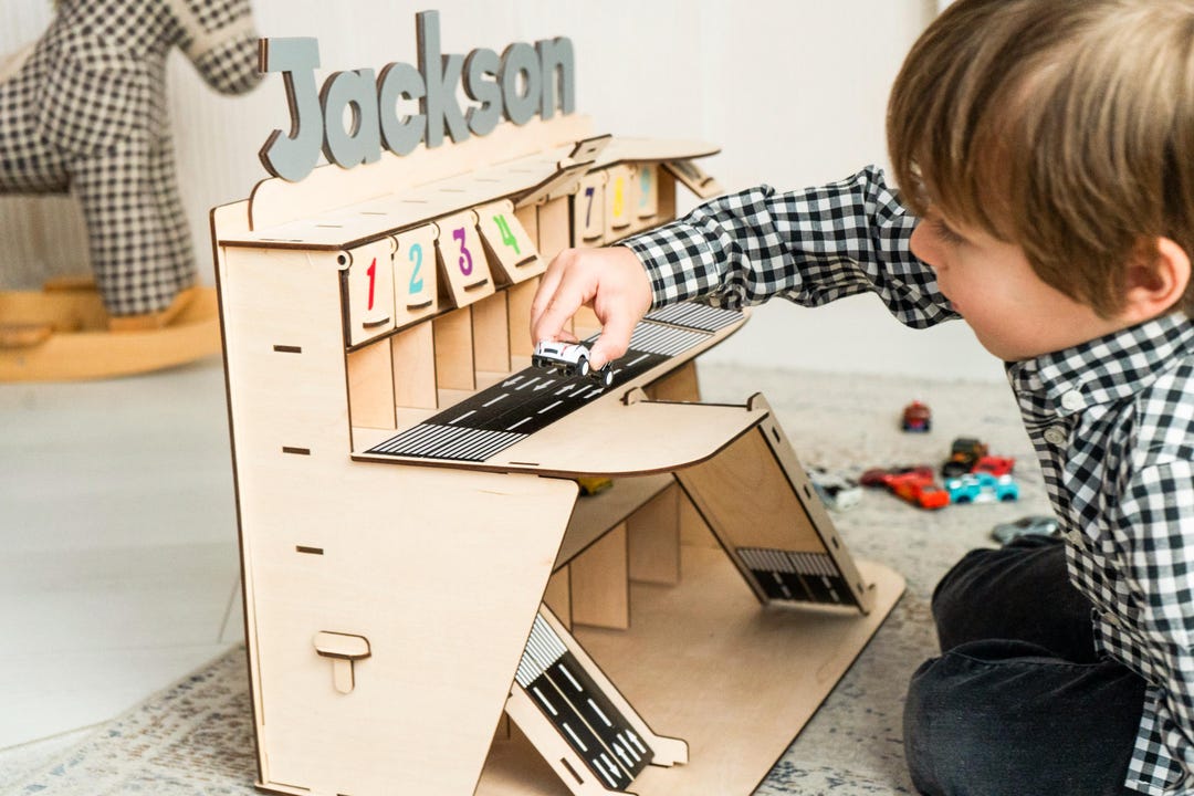 Wooden Car Garage With Ramp, Personalized Car Display for Toddler Boy 5 ...