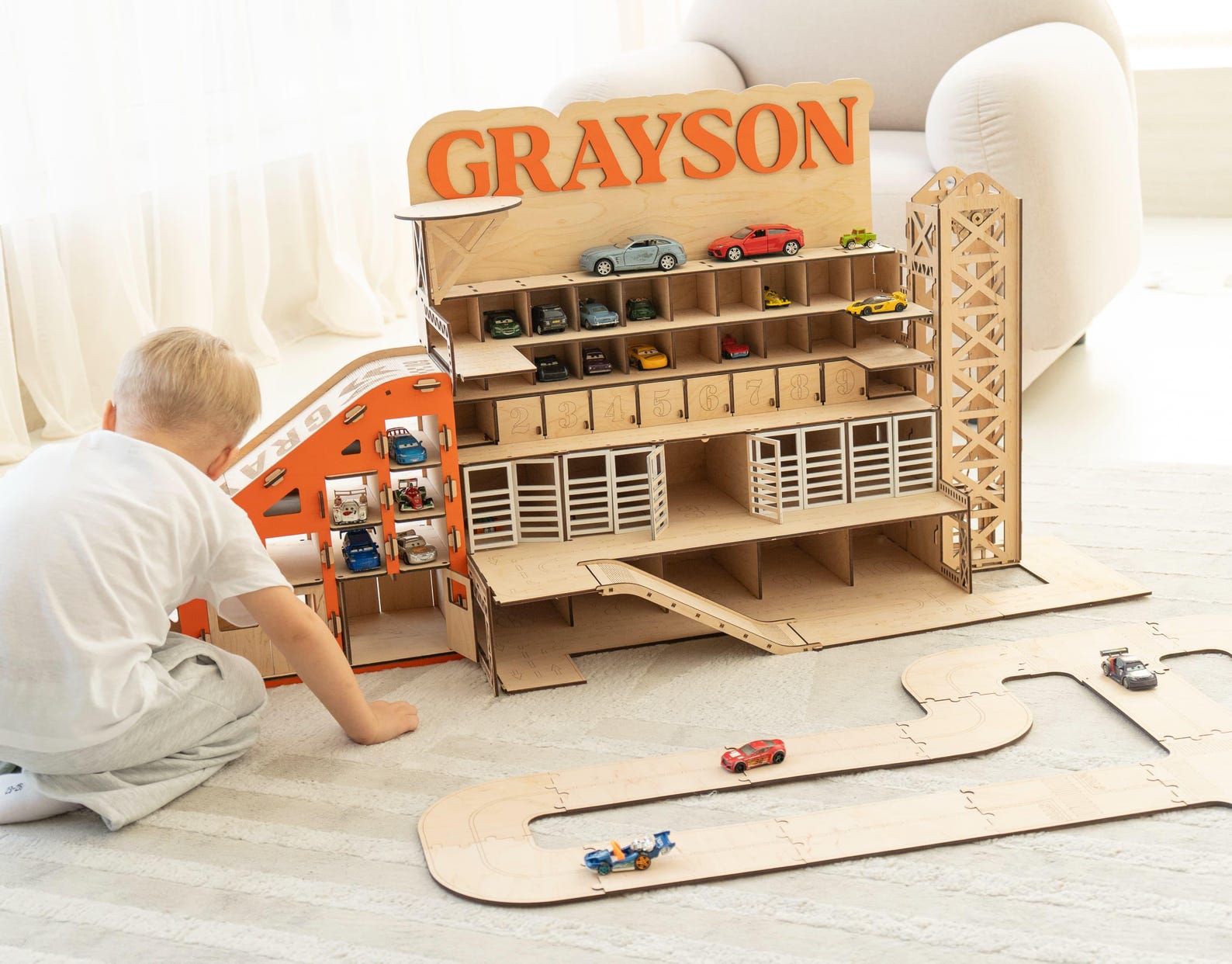 Kids Car Ramp Parking Garage, Personalized Wooden Toy Car Station ...