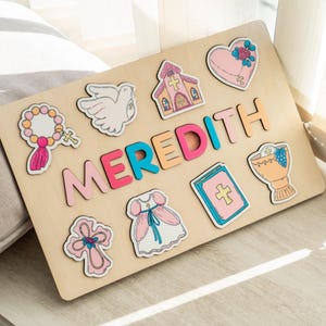 Custom Baptism Puzzle With Name, Personalized Christian Gift for Baby or Toddler, Wooden Name Puzzle With Religious Symbols for Christening