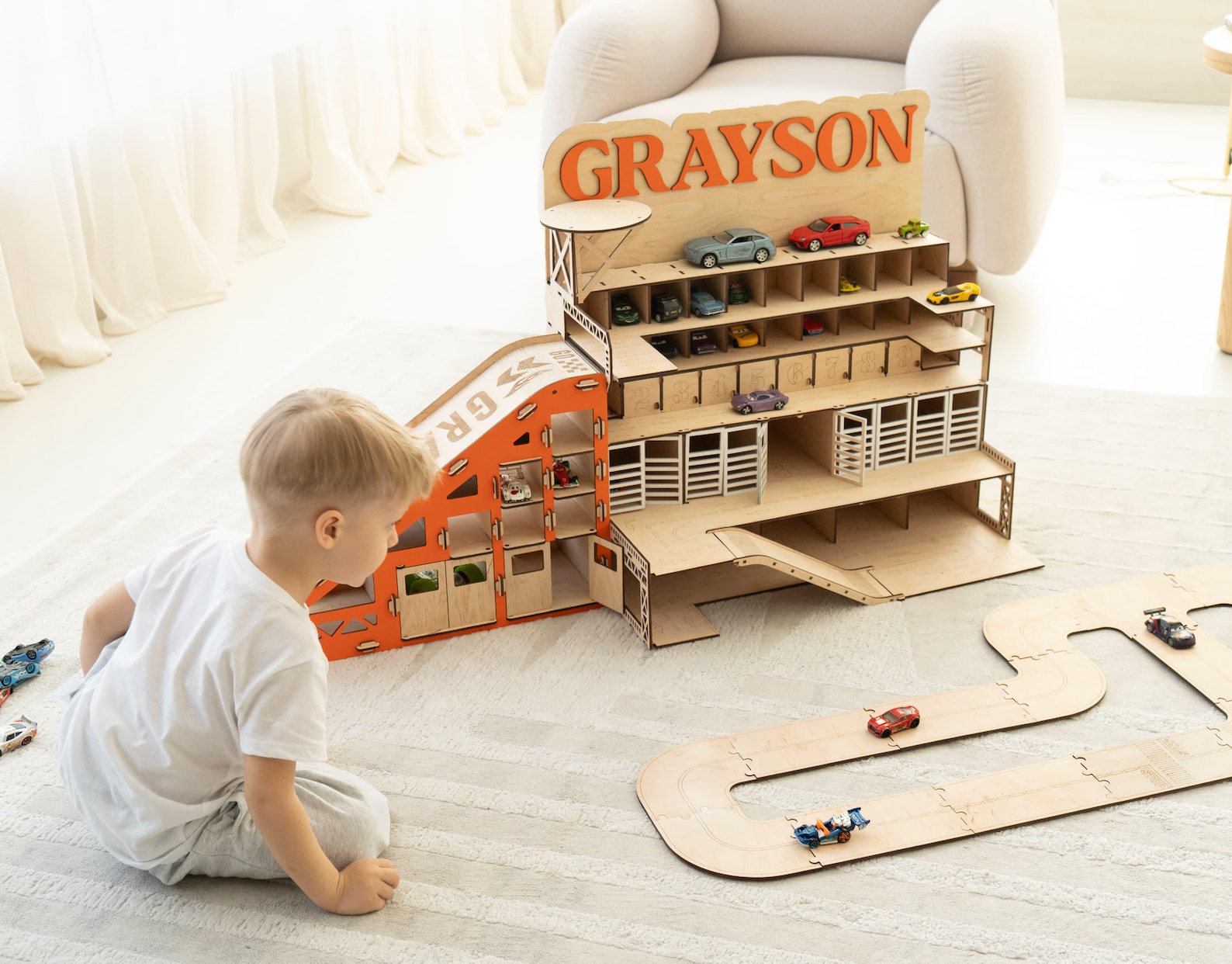 Kids Car Ramp Parking Garage, Personalized Wooden Toy Car Station ...