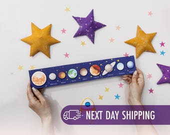 Solar System Wooden Puzzle Board with Planets, Educational Space Learning Toy, 2 Year Old Gift,