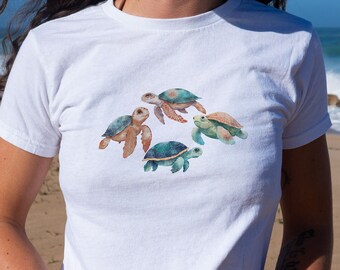 Baby-T-Shirt, Meeresschildkröten, Kunst, Grafik, trendiges Sommer-T-Shirt, Geschenkidee, ästhetisches T-Shirt Y2K, kokettes Baby-T-Shirt für Frauen, 90er-Jahre-Shirt, Meeresleben