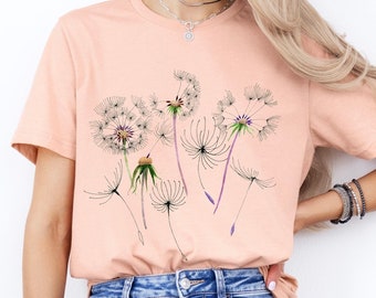 Löwenzahn-T-Shirt, Naturliebhaber-Geschenkidee für Frau, florales, botanisches Wildblumen-Kunst-Grafik-T-Shirt, ästhetisches T-Shirt