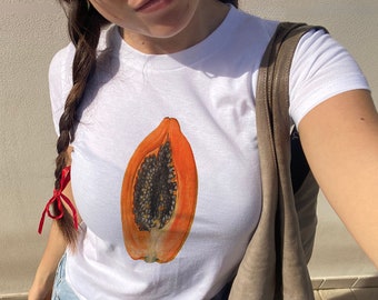 90er Jahre T-Shirt Papaya Shirt Baby T-shirt Kunst Grafik Sommer Top Geschenkidee Frauen kokett trendige Ästhetik Y2K Baby T-Shirt Foodie Shirt Geschenkidee