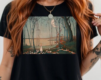 Konijn in het bos bij maanlicht T-shirt Goblincore Shirt Boho Cadeau idee esthetische T-shirt