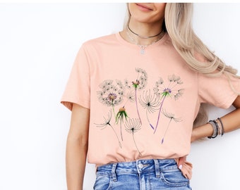 Löwenzahn-T-Shirt, Naturliebhaber-Geschenkidee für Frau, florales, botanisches Wildblumen-Kunst-Grafik-T-Shirt, ästhetisches T-Shirt