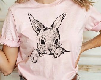 Vintage Hase T-shirt Shirt Geschenkidee süßes Kaninchen Linie Kunst Grafikästhetisches T-Shirt Cottagecore Goblincore Tier-T-Shirt