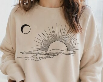 Boho Sweatshirt Sonnenaufgang Vintage Illustration Sonne und Mond Sonnenuntergang gemütlich Pullover minimal Retro Shirt Geschenkidee