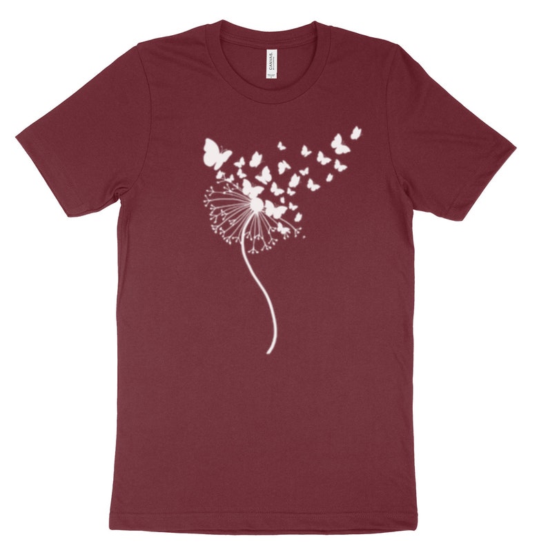 T-Shirt Schmetterlinge weiß Löwenzahn Floral Boho botanisches T-Shirt Wildblumen Minimlist Naturliebhaber Geschenkidee T-Shirt Unisex T-Shirt Maroon