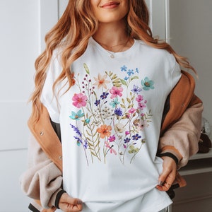 Camiseta Cottagecore Vintage Boho Naturaleza Flores Silvestres Camisa Camiseta botánica Camisa Amante de la naturaleza Idea de regalo Camiseta de flores de acuarela White