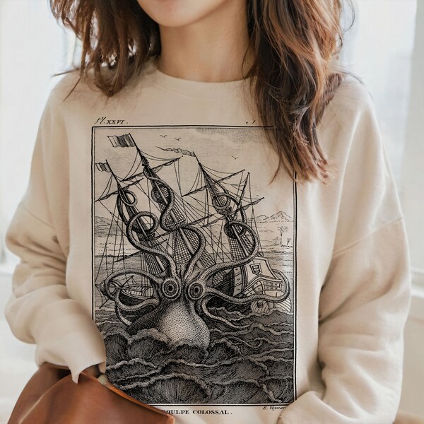 Le Poulpe Colossal Vintage Boho Sweatshirt Octopus Fight Cozy Pullover minimal Retro Shirt Gift Idea