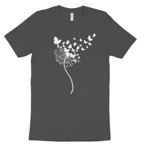 T-Shirt Schmetterlinge weiß Löwenzahn Floral Boho botanisches T-Shirt Wildblumen Minimlist Naturliebhaber Geschenkidee T-Shirt Unisex T-Shirt Asphalt
