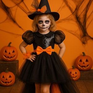Girls Witch Halloween Costume: Black & Orange Tulle Dress with Hat