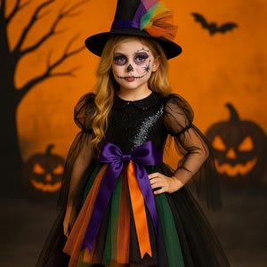Girls&#39; Halloween Witch Costume: Sequin Top, Tulle Dress & Hat