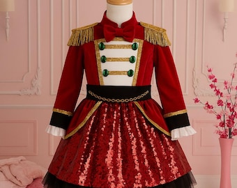 May include: A red velvet dress featuring a military-style bodice with a white panel, gold fringe epaulets, and a red bow tie. The waist has a black belt with a gold chain detail. The skirt is covered in red sequins with a black tulle hemline.