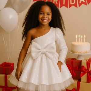 White Sequin One-Shoulder Tulle Dress: Big Bow Party Gown