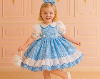 Blue Gingham Fairy Tale Dress with Puffy Sleeves, Peter Pan Collar, Dorothy Toddler Dress, Dorothy Cosplay costume