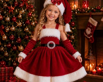 Puede incluir: Un vestido de terciopelo rojo con ribete de piel sintética blanca en el cuello y el dobladillo, un cinturón negro con una hebilla redonda de pedrería, calentadores de brazos de terciopelo rojo a juego y un gorro de Navidad con borde de piel.