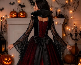 Girls Vampire Costume, Halloween Vampire Dress, Gothic Red Black Dress, Kids Dracula Costume, Vampire Princess Dress, Halloween Costume