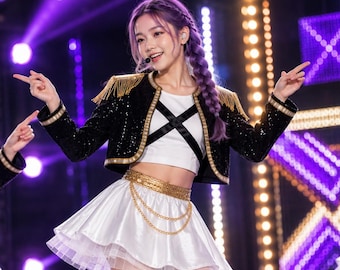 May include: A black cropped jacket with gold fringe epaulets, a white sleeveless top with a black cross design, and a white pleated mini skirt with a gold chain belt. The outfit is paired with black lace-up platform boots and purple hair.