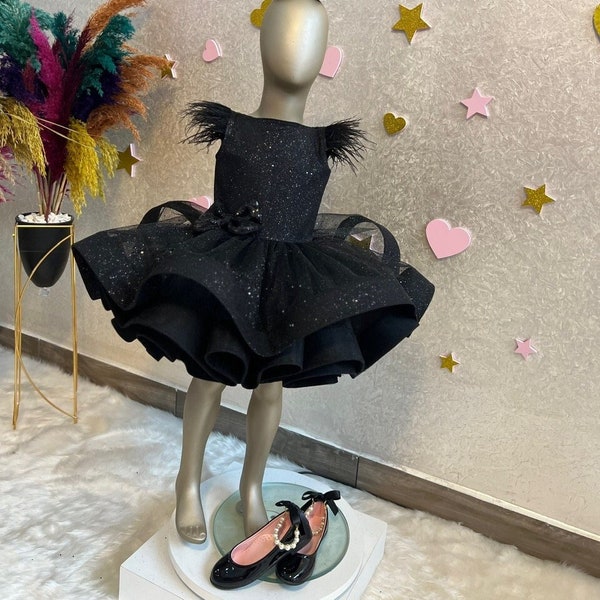Girl Black Tulle Dress, Black Toddler Party Dress, Fluffy Evening Dress, Princess Elegant Dress, Halloween Costume, 1st Birthday Dress