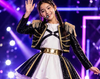 May include: A black sequined bolero jacket with gold fringe epaulets worn over a white dress featuring a metallic gold waistband, black sequined skirt panels, and a white tulle underskirt, paired with black lace-up ankle boots and a headset microphone.