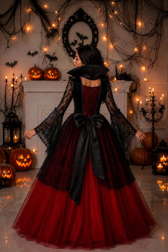 Girls Vampire Costume, Halloween Vampire Dress, Gothic Red Black Dress, Kids Dracula Costume, Vampire Princess Dress, Halloween Costume