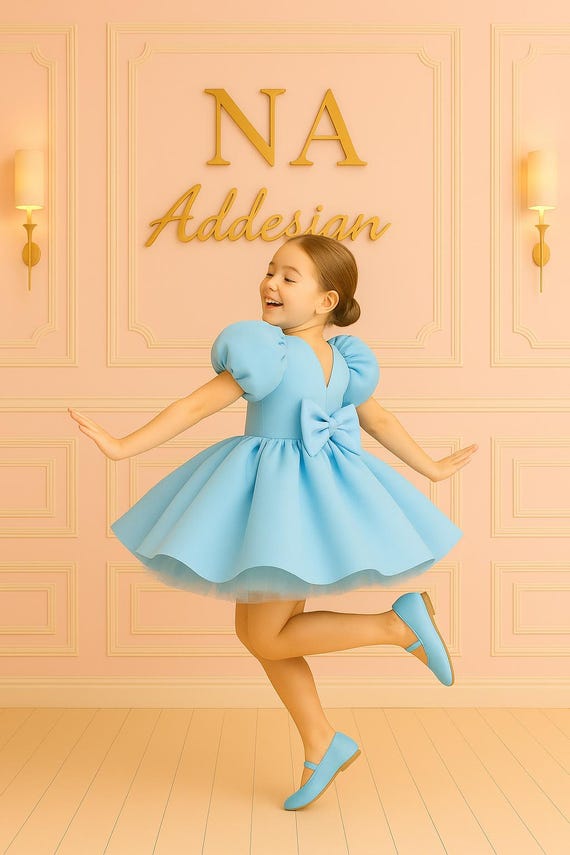 Premium Satin Puff Sleeve Bow-back Twirl Dress  Girls Party & Flower Girl  | Blue, Red, Fuchsia, Black, White | Cotton Lined - Etsy