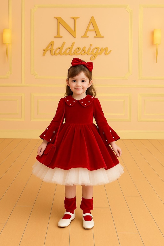 formal girls holiday dresses Elegant Red Velvet Tutu Dress for | Pearl Detail Party Dress girl kids christmas outfits