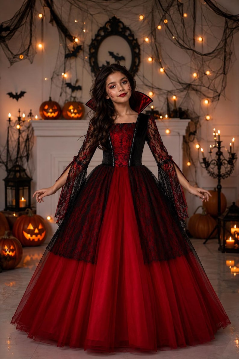 May include: A floor-length gown featuring a deep red bodice with a black velvet overlay, a high standing collar, and long flared sleeves made of black lace. The skirt consists of a voluminous red tulle base layered with black lace panels.