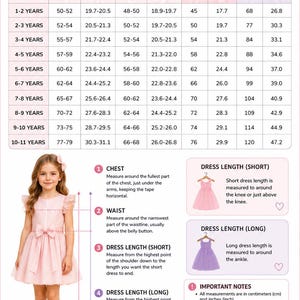 May include: A NA ADDESIGN child size chart featuring a table with age, chest, waist, and dress length measurements in centimeters and inches. It includes instructions on how to measure chest, waist, and dress length, plus important sizing notes.