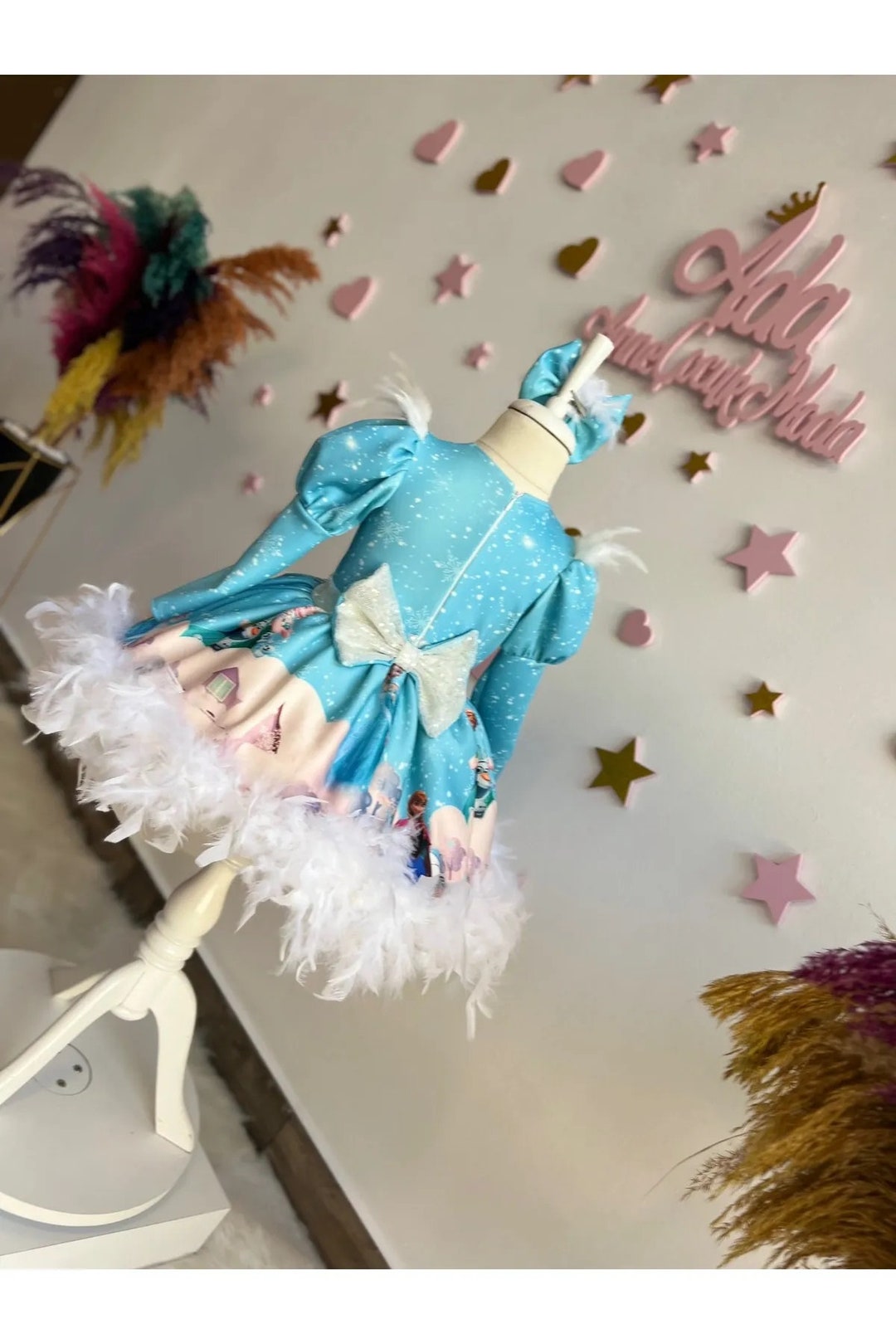 LuLu BeBe Girls Dana Dress - Embroidered Elsa Frozen Characters - Blue