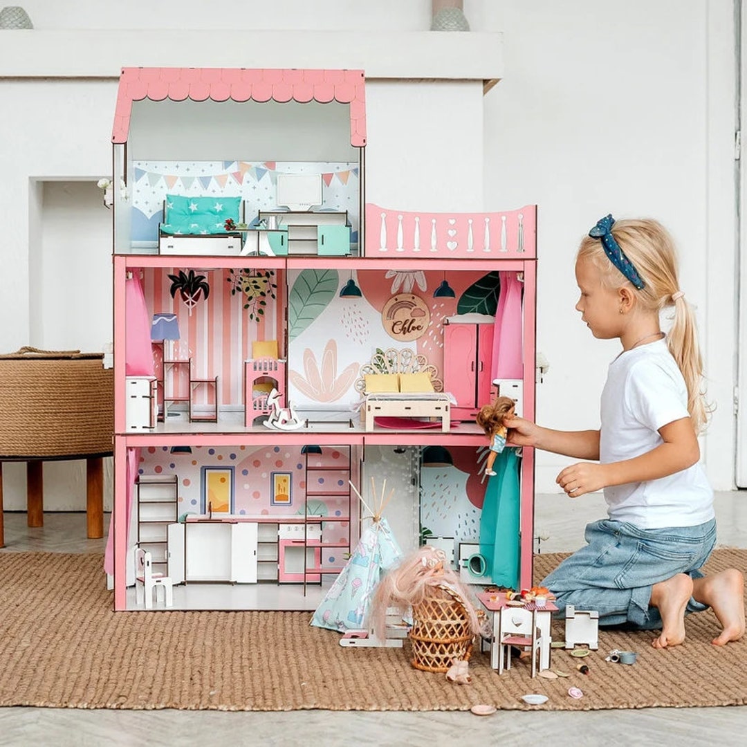 Pink Wooden Dollhouse With Furniture Wooden Dollhouse Etsy
