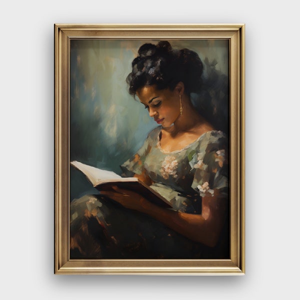 Vintage Black Female Reading a Book Portrait Art | African American Decor | Reading Books Wall Art | Vintage Oil Painting