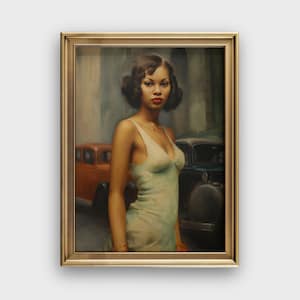 Ragazza flapper nera / Moda anni '20 / Pittura a olio vintage / Abito flapper / Arte della moda vintage delle donne nere