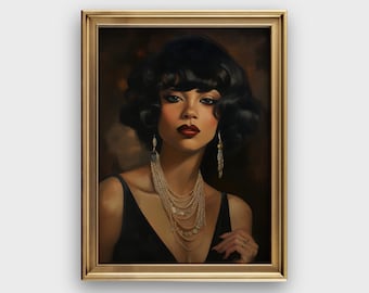 Black Flapper Girl Fine Art | 1920s Fashion Print | Black Vintage Flapper Women Fashion Painting