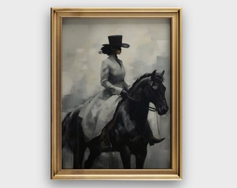 May include: A framed painting of a woman in a gray coat and black hat riding a black horse. The background is a soft gray and white.