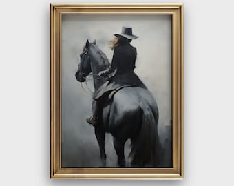 Vintage Equestrian Female Horse Painting Woman on Horseback Art Vintage Woman Portrait Horse Wall Art Print Moody Wall Art