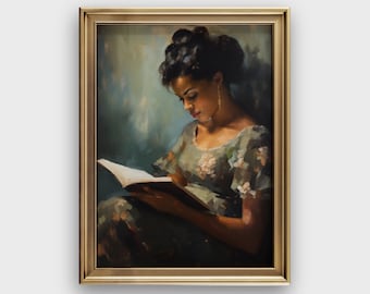 Könnte beinhalten: Ein Gemälde einer Frau mit dunklen Haaren und einem Blumenkleid, die ein Buch liest. Der Hintergrund ist in sanftem Blau und Grün gehalten.