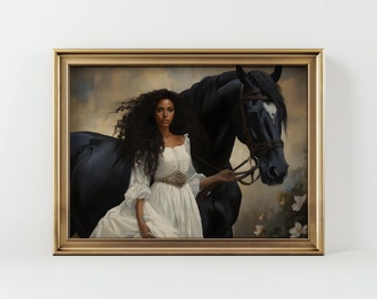 Prachtige kunst van zwarte vrouwen en paarden | Vintage portret zwarte vrouw | Afdrukbaar paardendecor