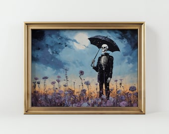 Vintage skeletkunstdruk | Afdrukbare spookachtige kunst skeletportret | Schattige skelettenprint | Vintage Halloween humeurige kunst | Skelet schilderij