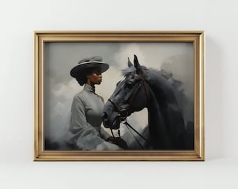 Prachtige kunst van zwarte vrouwen en paarden | Afdrukbaar vintage woondecoratie | Vintage vrouwenruiterprint