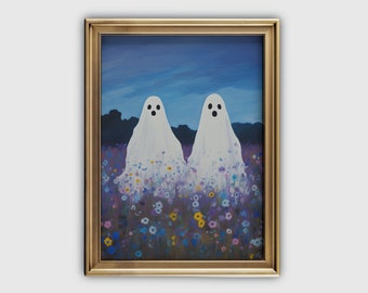 Leuke spookkunstprint | Retro spookprint | Afdrukbaar Halloween | Spookafdruk van geesten in het bos | Halloween-schilderij