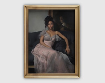 May include: A woman in a pink gown sits on a couch with a dark background. She is wearing earrings and has her hair pulled back.