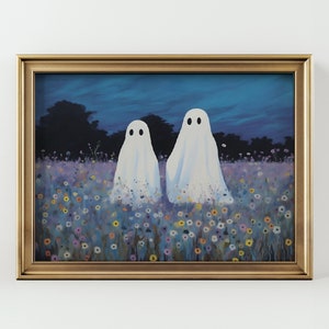 Ghost in Wildflower Meadow | Spooky Cute Ghost Halloween Poster | Cottagecore Ghost Illustration | Whimsical Ghost Painting Halloween Art