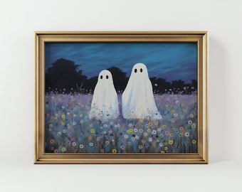 Gespenst in Blumenwiese | Gruseliges süßes Geist-Halloween-Poster | Cottagecore Geist Illustration | Skurriles Gespenst Halloween Kunst