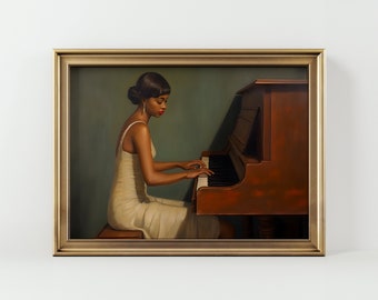 Vintage African American Art | Woman Playing the Piano | Female Portrait | Black Art | Woman Painting