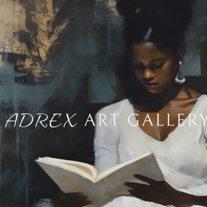 Vintage oil painting of African American woman reading by Adrex Art Gallery.