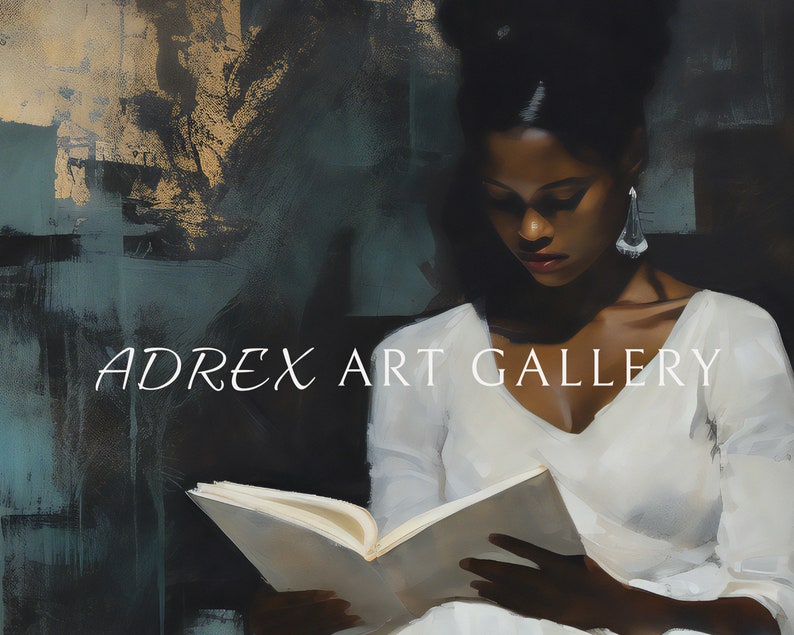 Vintage oil painting of African American woman reading by Adrex Art Gallery.