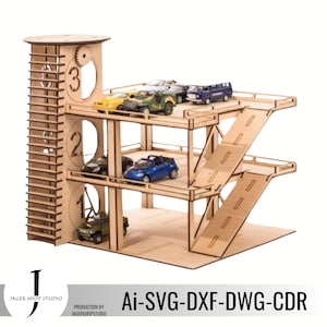 Houten speelgoedauto-parkeergarage - digitaal ontwerp zelf maken met lift - 3 verdiepingen, 50 x 50 cm
